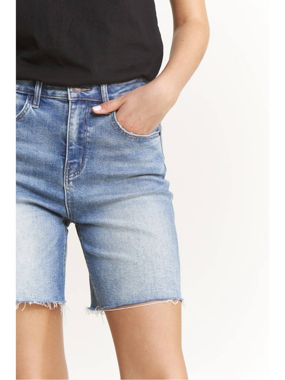 Women’s Light Blue Denim Bermuda Shorts with Frayed Hem